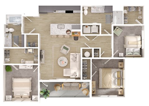 A top-down view of a house layout with multiple rooms and furniture.